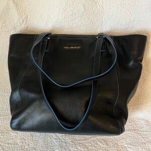 Vera Bradley Ella Tote, pebbled black leather with blue trim